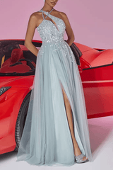 Light Blue Sequin Halter Neck Prom Maxi Dress