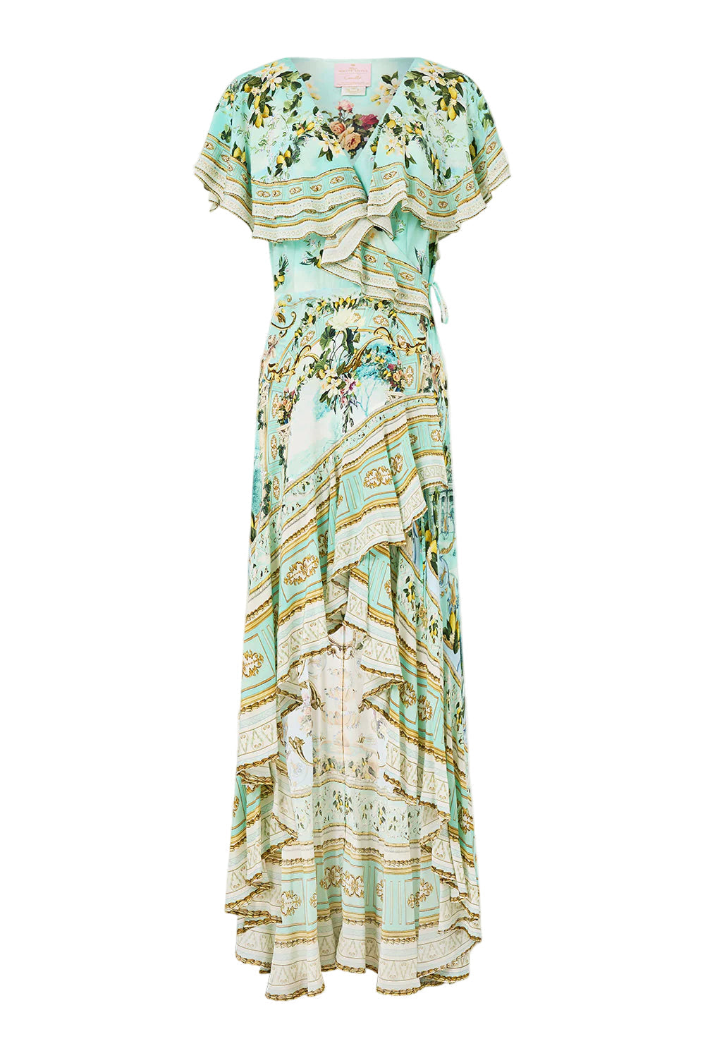 Green-Printed Ruffled V-Neck Hem Silk Maxi Dress