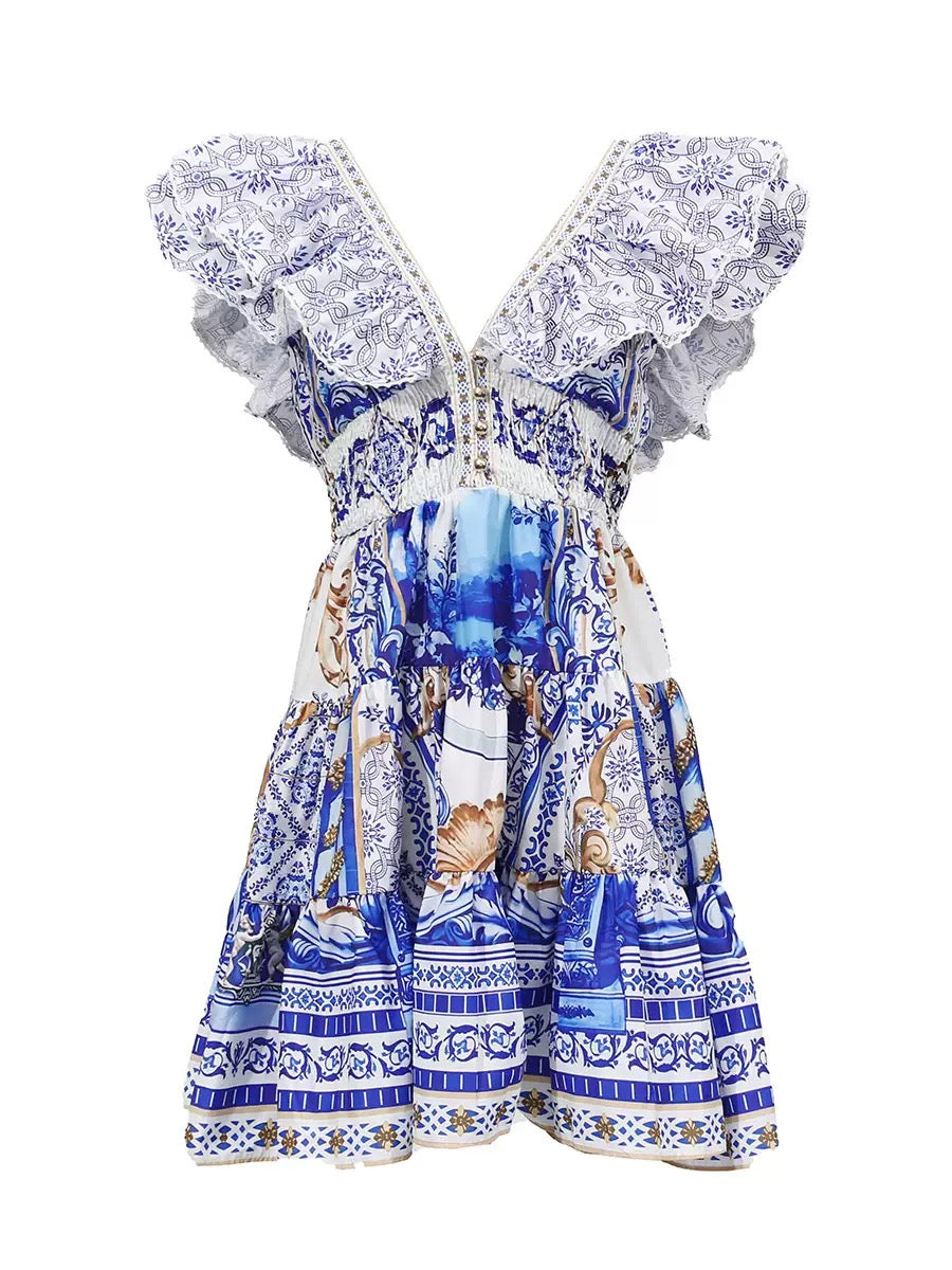 Printed Plunge Neck Mini Dress