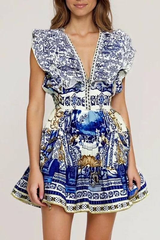 Printed Plunge Neck Mini Dress