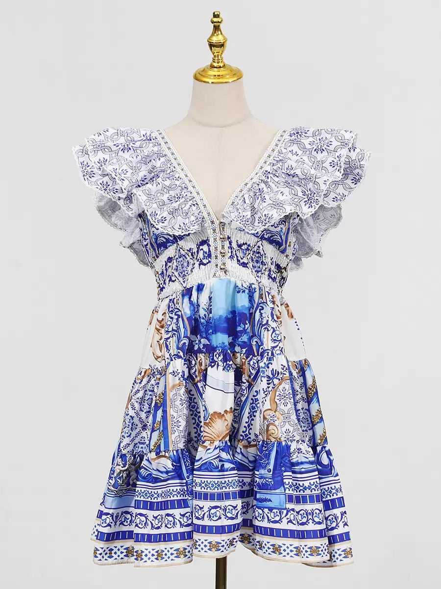 Printed Plunge Neck Mini Dress