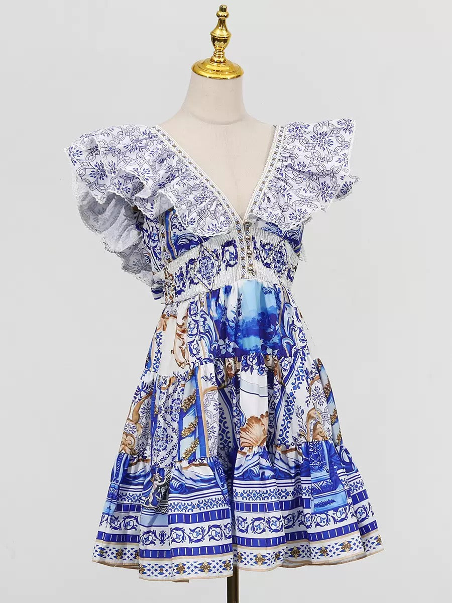 Printed Plunge Neck Mini Dress