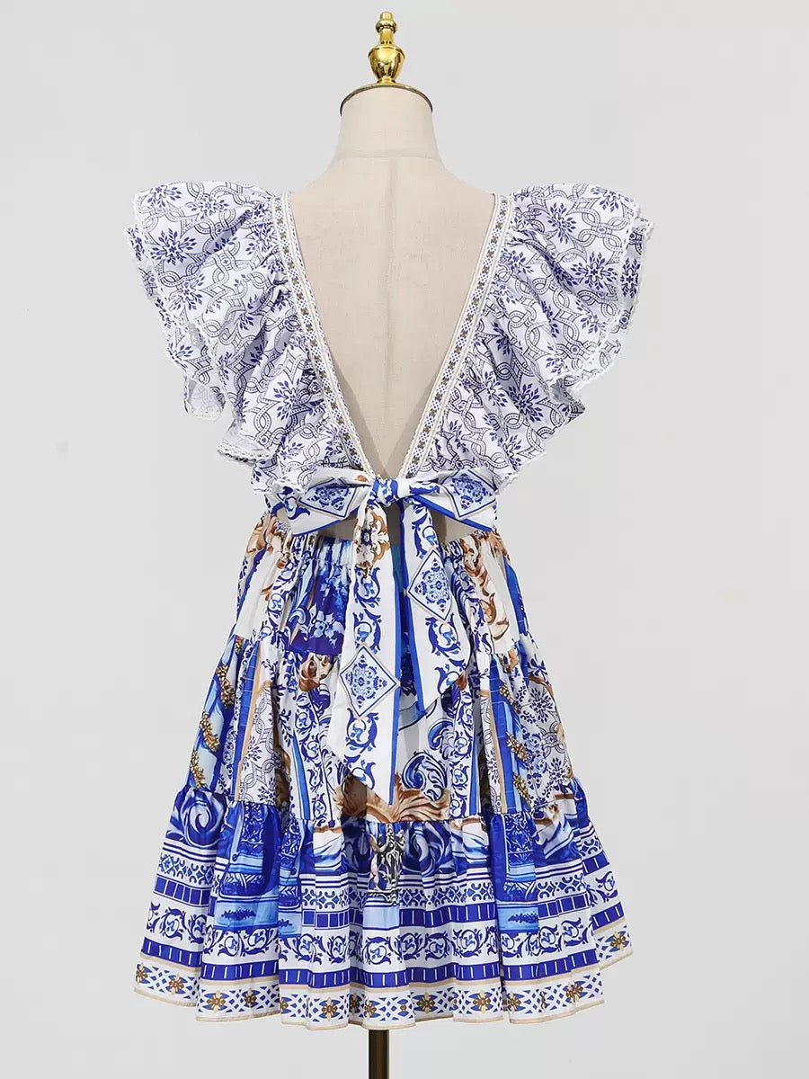 Printed Plunge Neck Mini Dress