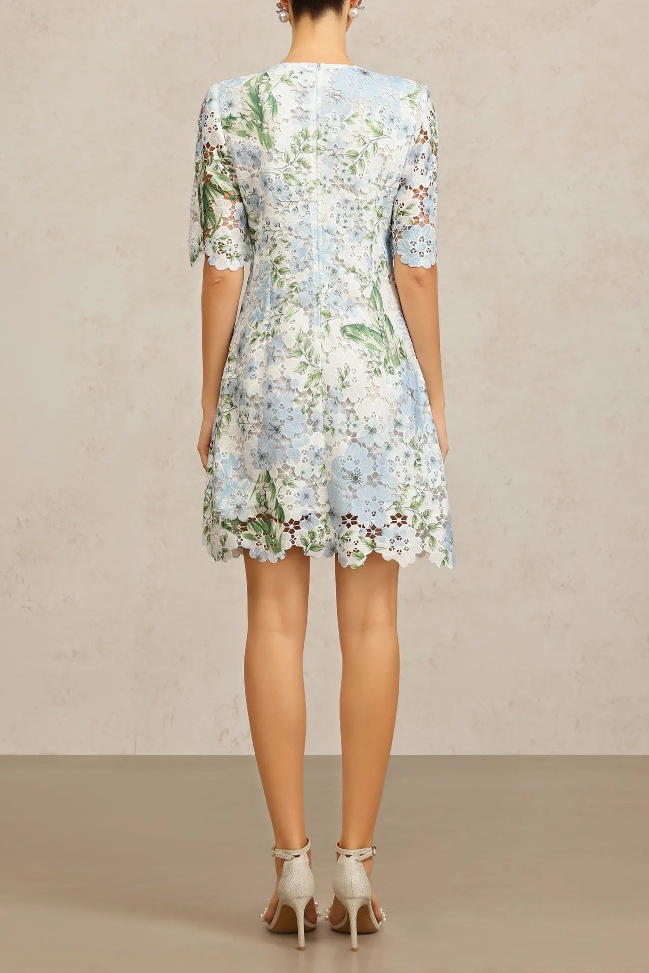 Floral Printed Lace Mini Dress in Sky Blue