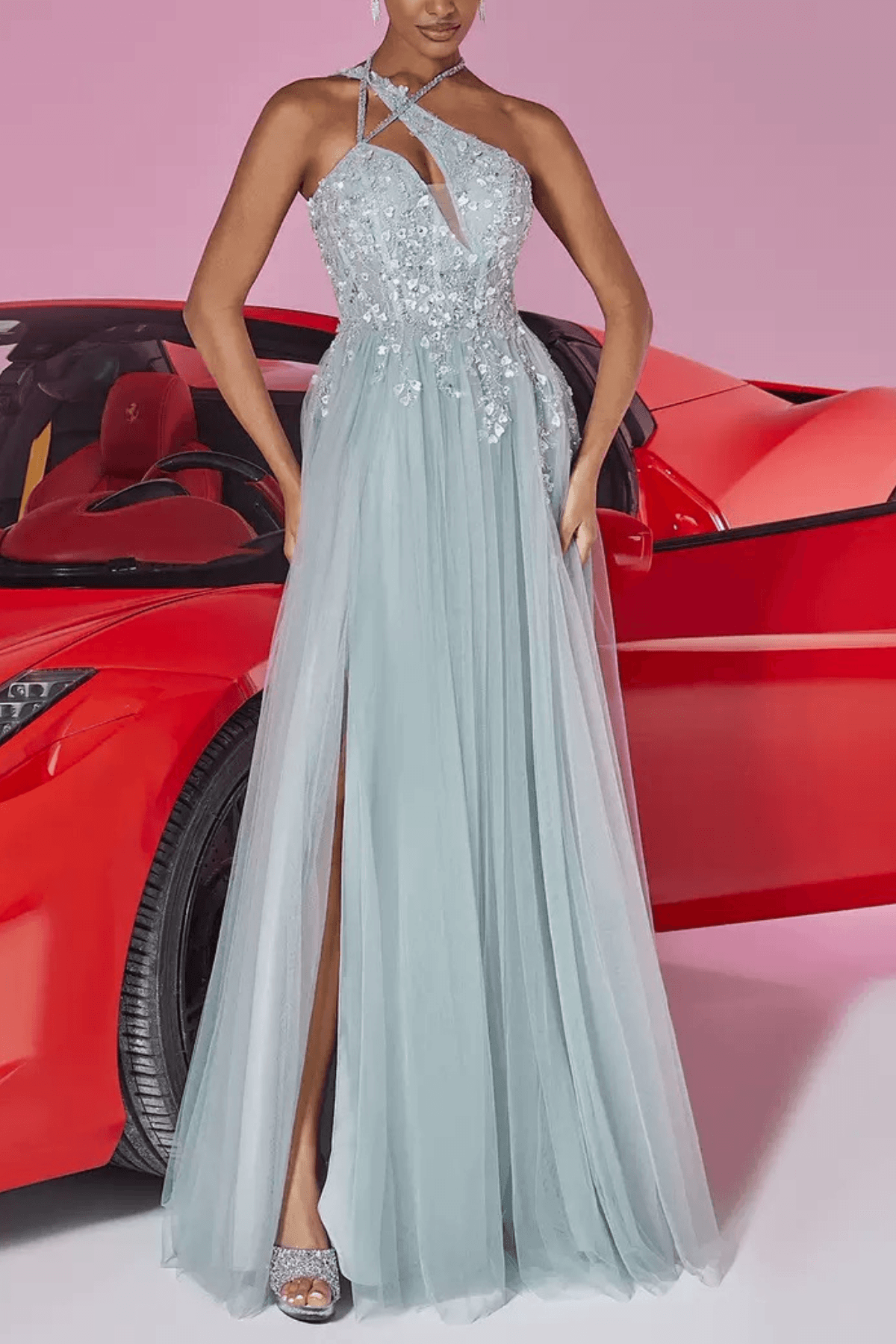 Light Blue Sequin Halter Neck Prom Maxi Dress