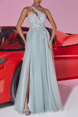 Light Blue Sequin Halter Neck Prom Maxi Dress