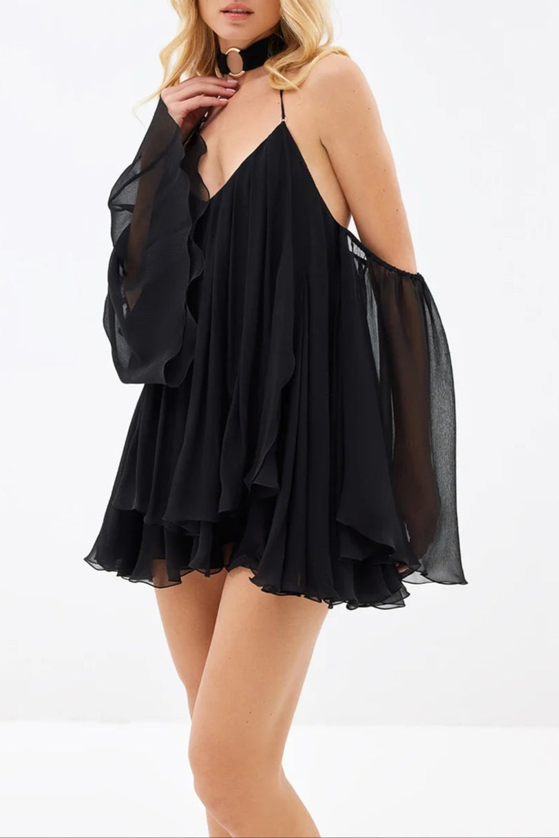Halter Neck Lace-Up Backless Mini Dress - Black
