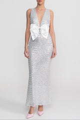 Sequin Maxi Dress With Satin Detail - Light Grey