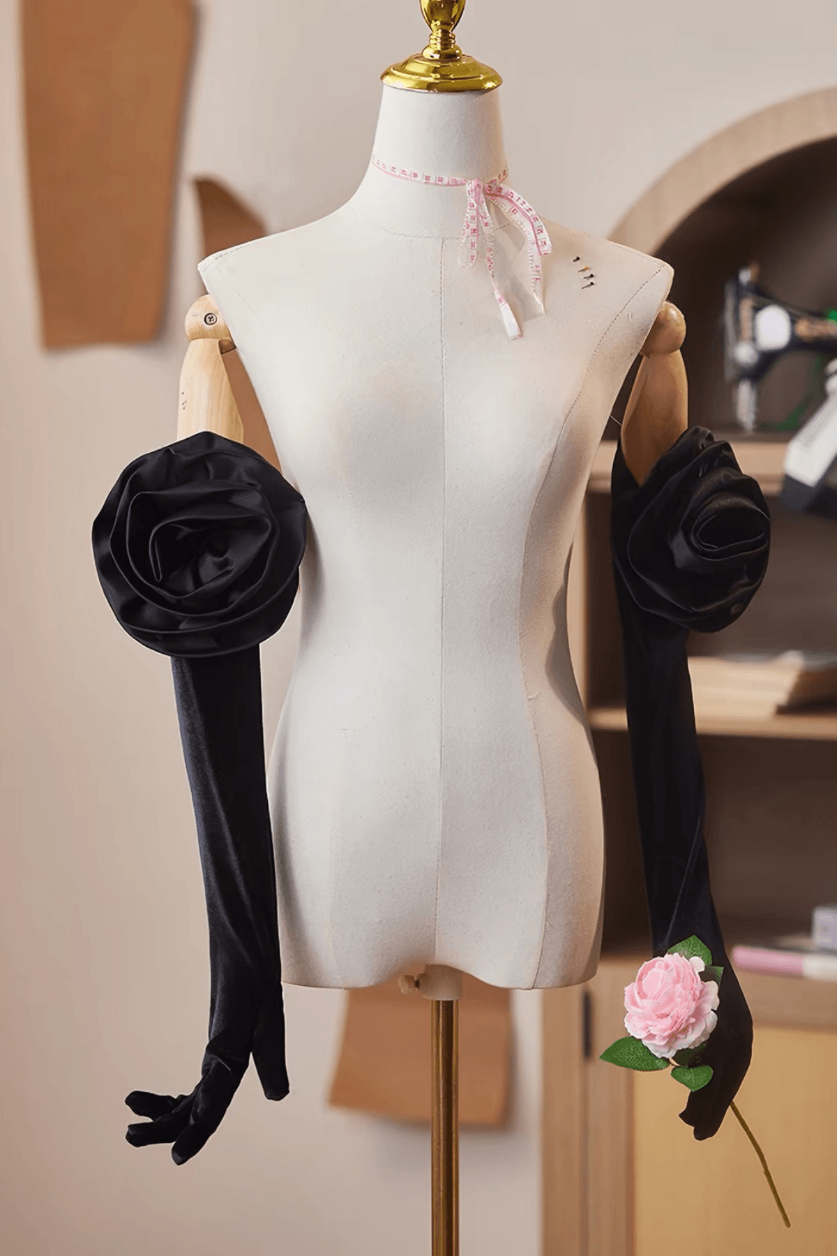 3D Rose Decor Black Long Gloves
