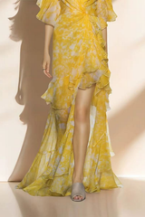 Floral Ruffle V-neck Yellow Maxi Dress