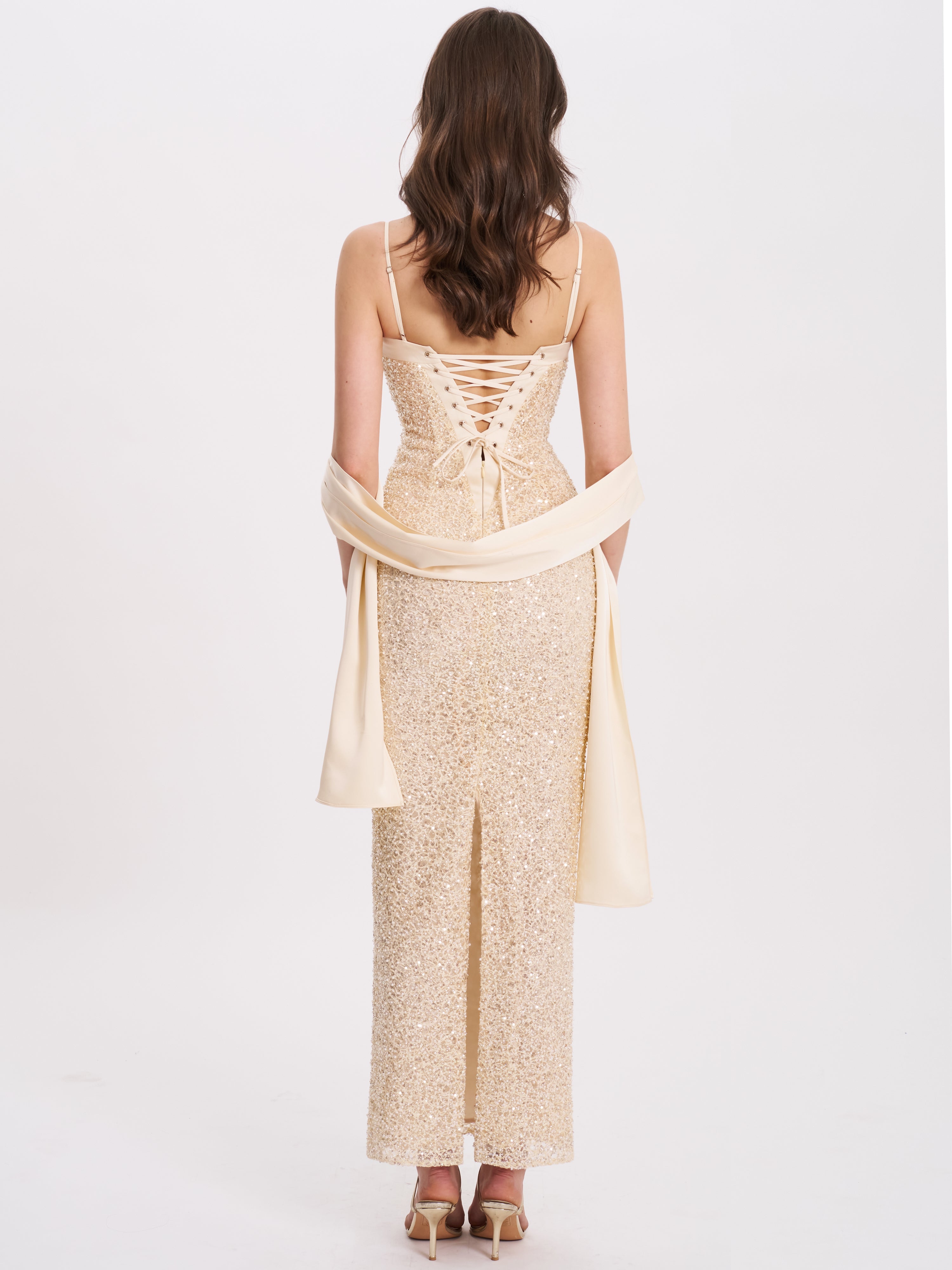 Gold Sequin Bodycon Gown with Scarf