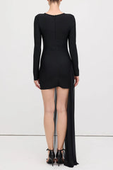 Black Asymmetrical With Rhinestone Embellishments Mini Dress