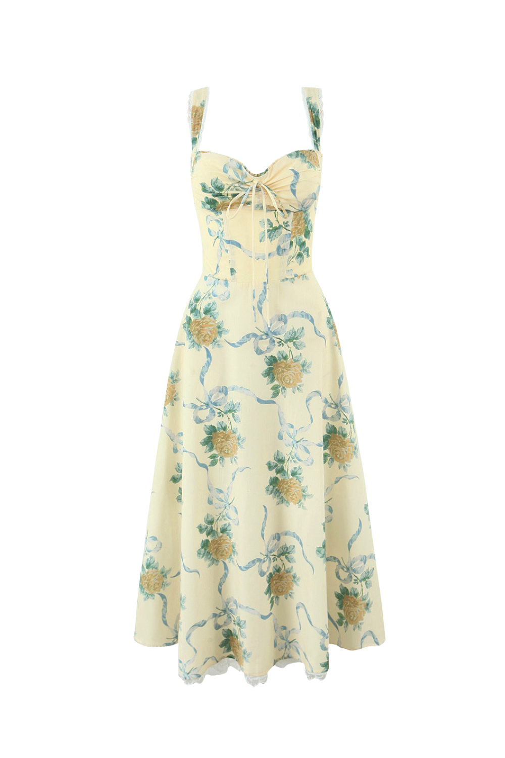 Floral Print Sweetheart Midi Dress in Yellow