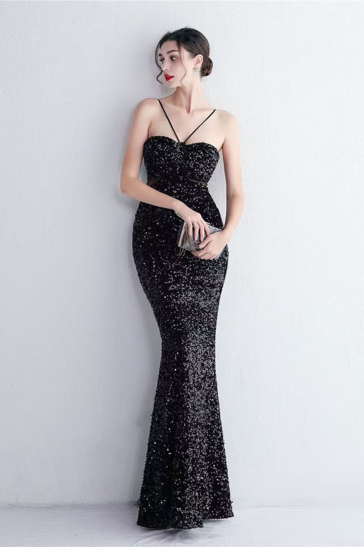 Black Cutout Sequins Halter Maxi Dress