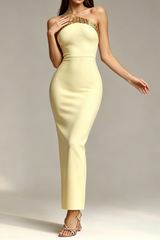 Yellow Cutout Halter Gold Woven Embellished High Bodycon Bandage Midi Dress
