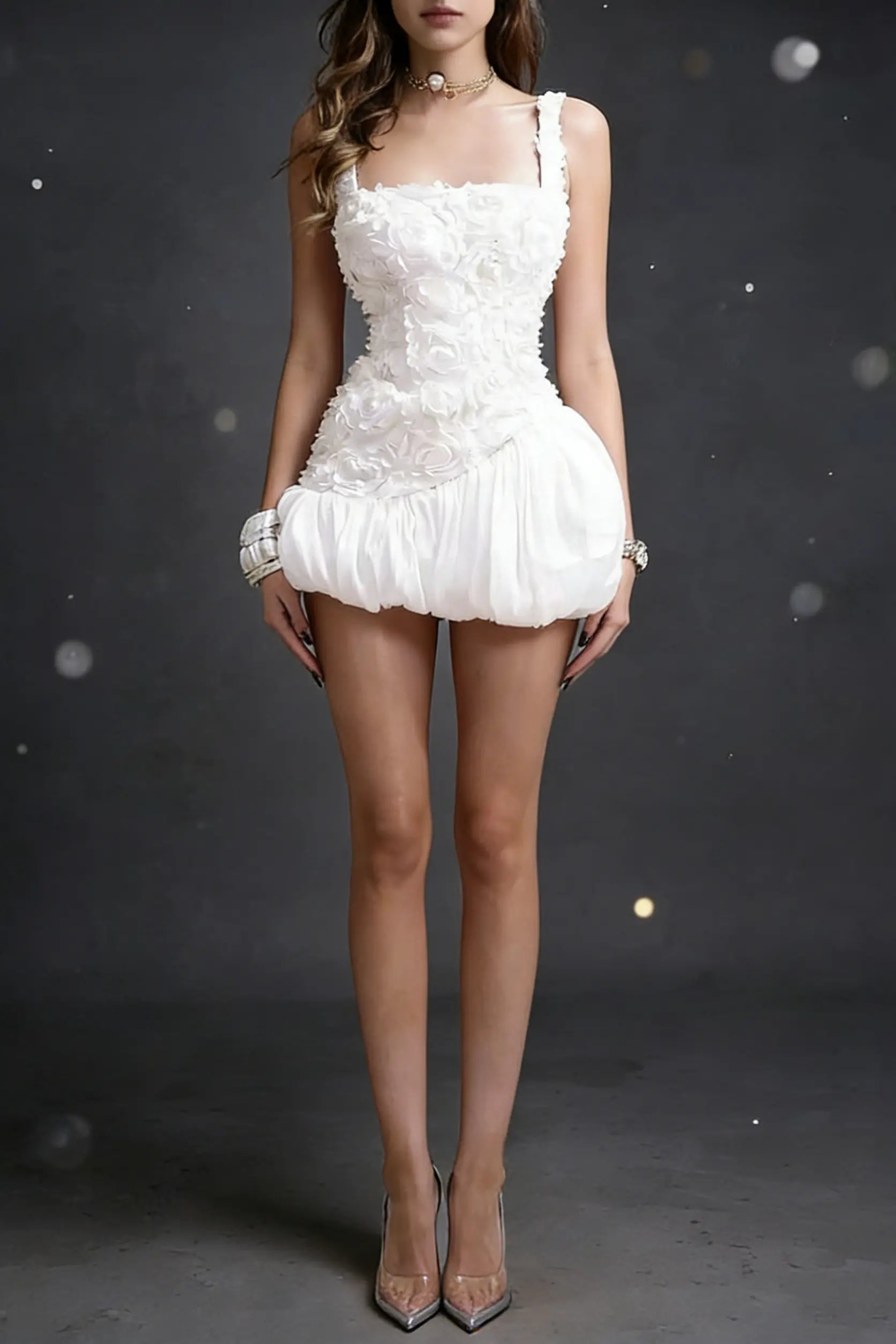 Flower Embellished Puffy Mini Dress in White