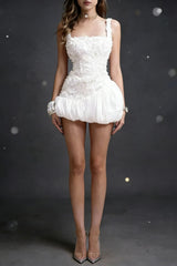 Flower Embellished Puffy Mini Dress in White