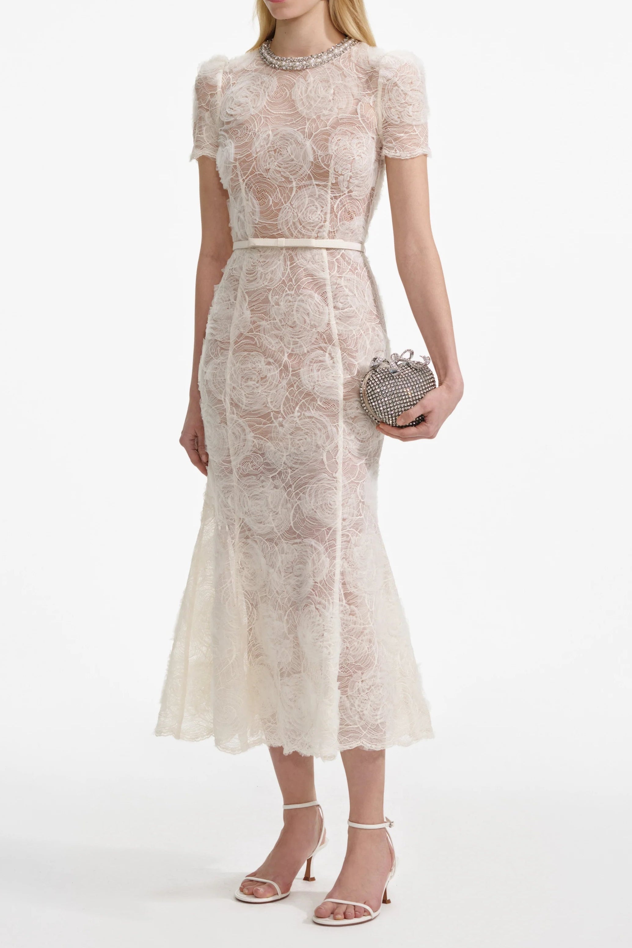 Lace Diamante Midi Dress in Beige