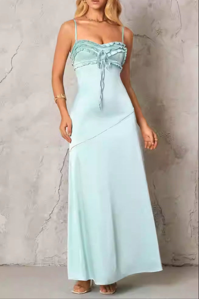 Ruffle Trim Silk Maxi Dress in Mint
