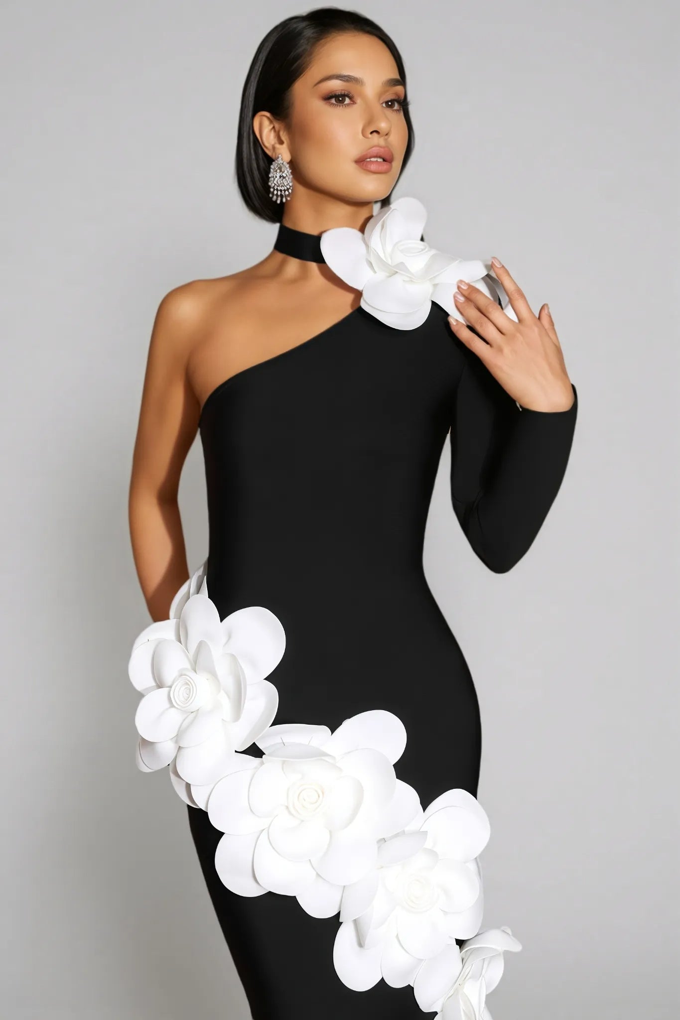 One Shoulder 3D Flower Bandage Maxi Dress in Black