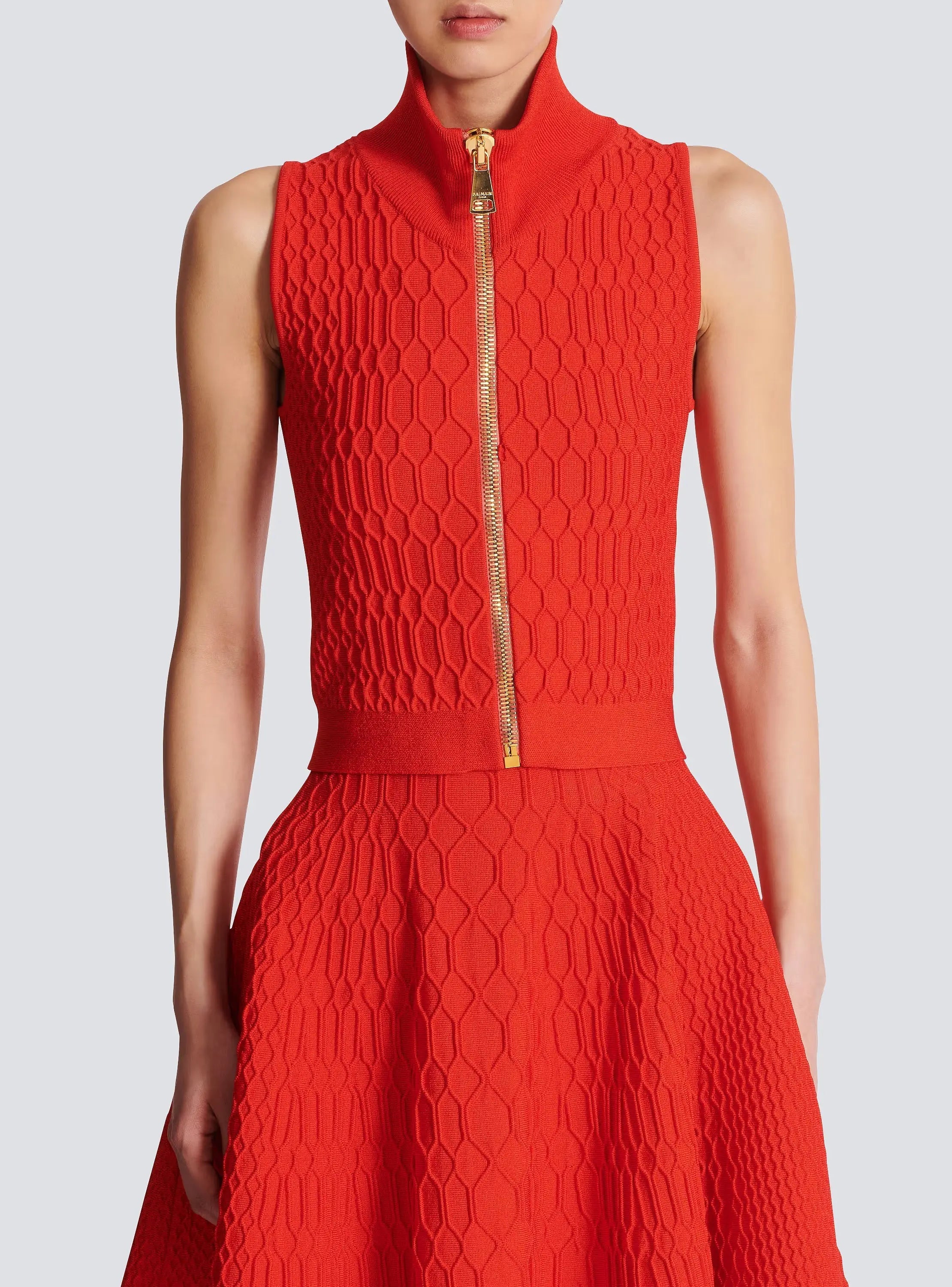 Sleeveless Plaid Knit Top Skirt Set in Red