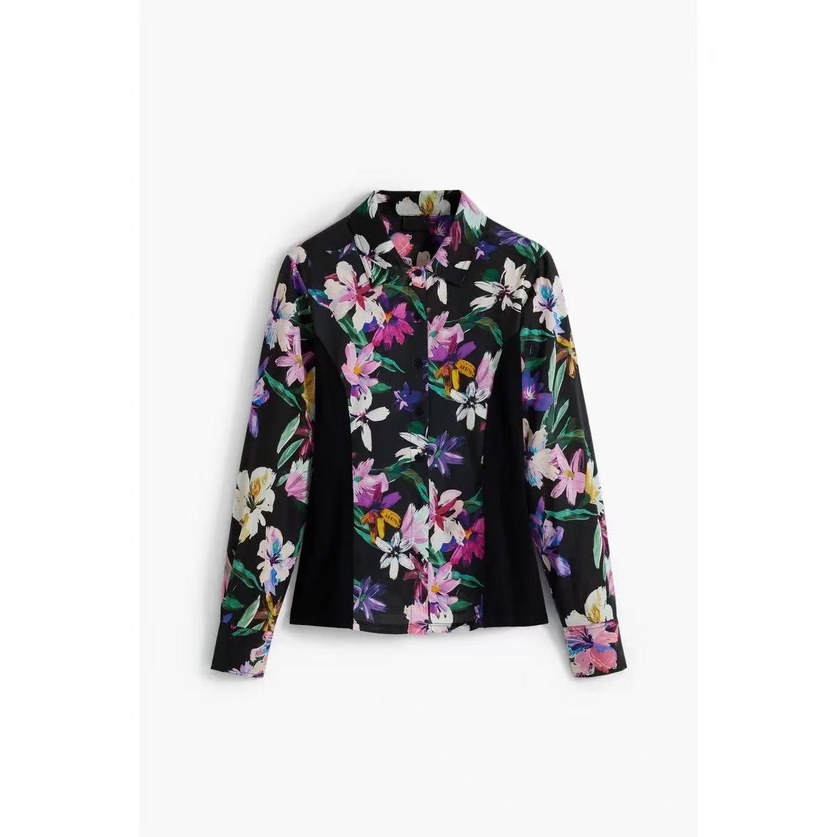 Black Vibrant Floral Print Long Sleeve Button-Down Shirt