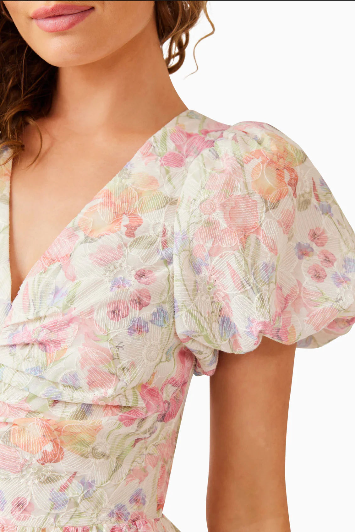 V-Neck Puff Sleeves Floral Maxi Dress in Pink