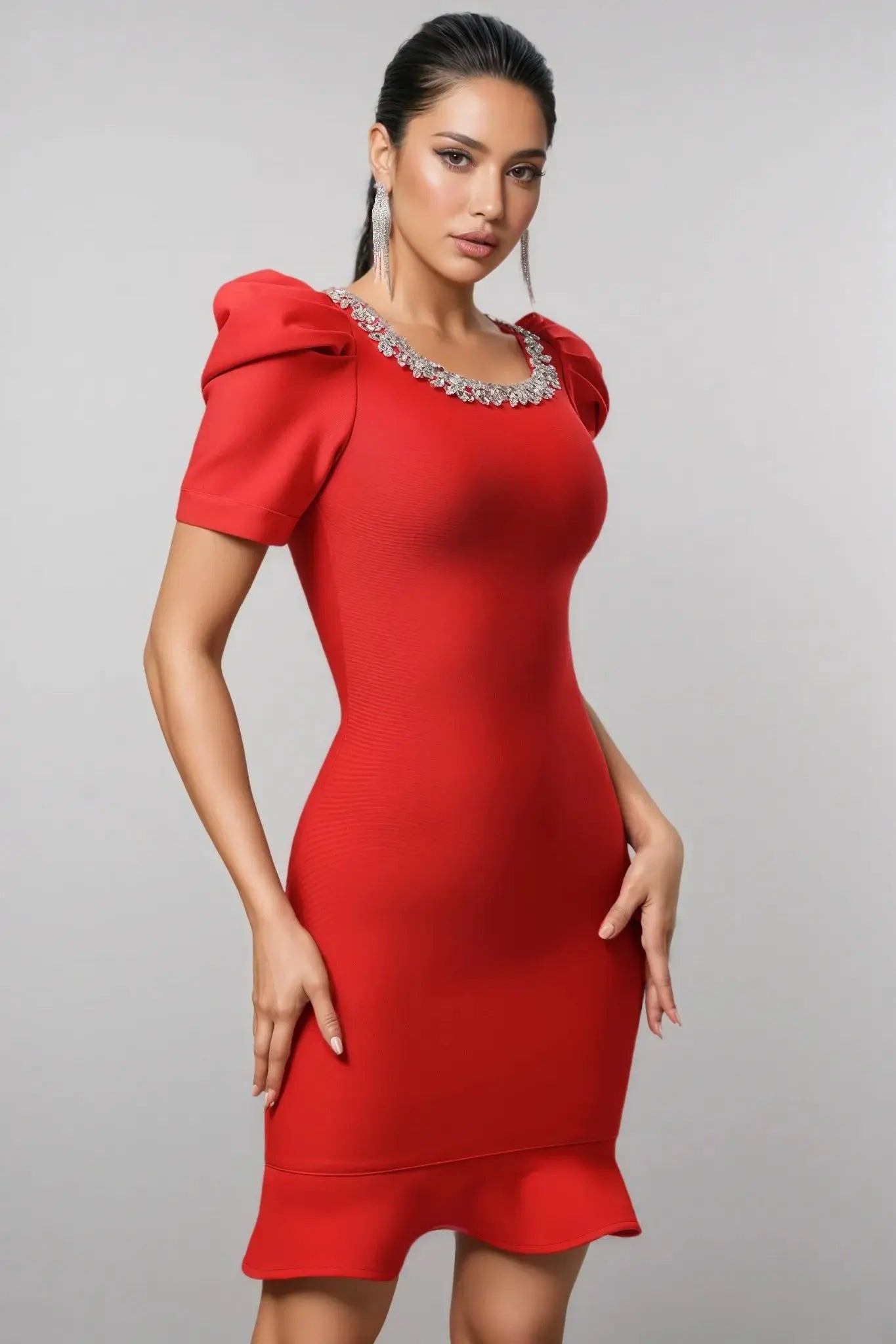 Red Short Sleeve Rhinestone Bandage Mini Dress