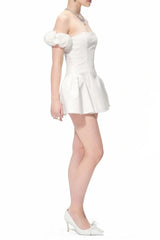 Flower Puffy Mini Dress in White
