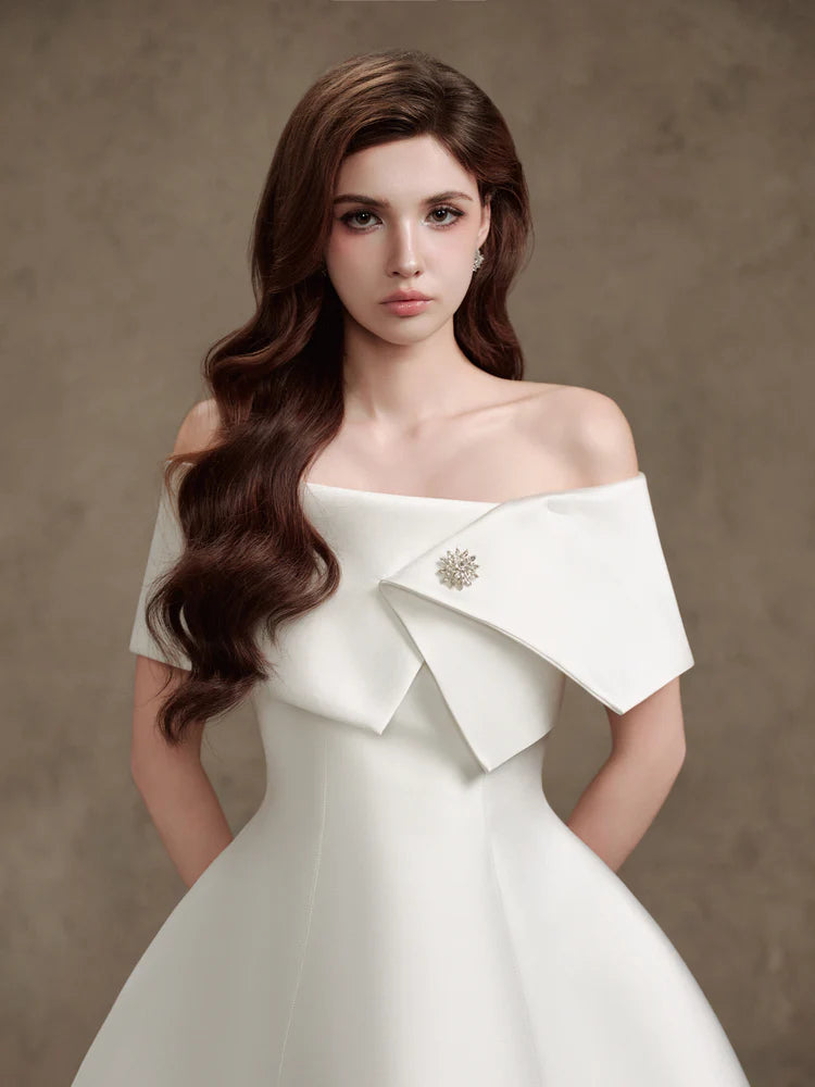 BriOne-Shoulder Satin Mini Dress in Apricot