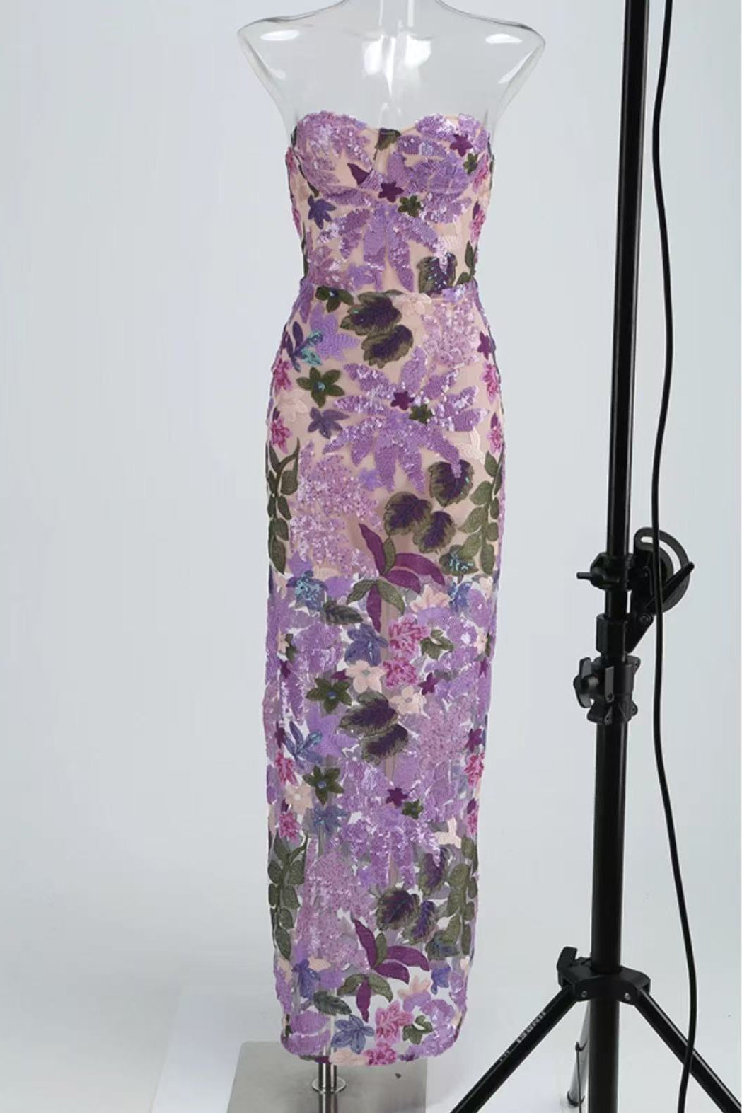 Floral Sequin Embroidered Maxi Dress - Purple