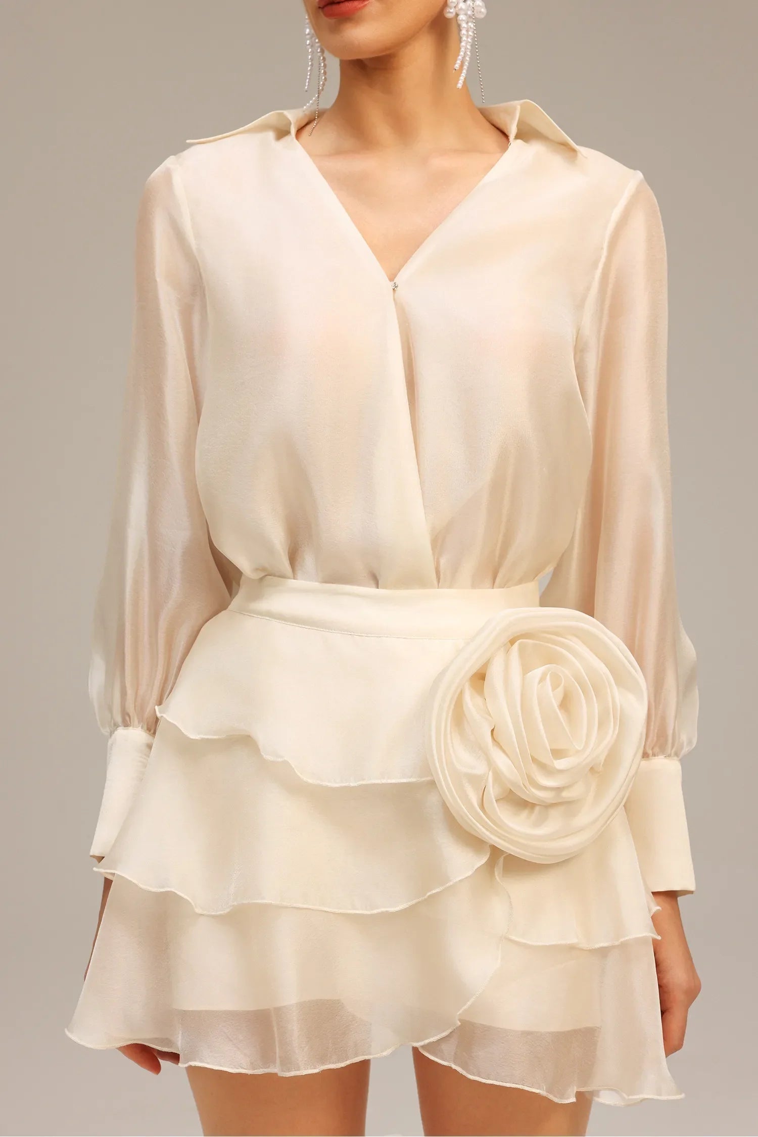 Wrap V-Neck Organza Shirt Mini Dress in Apricot