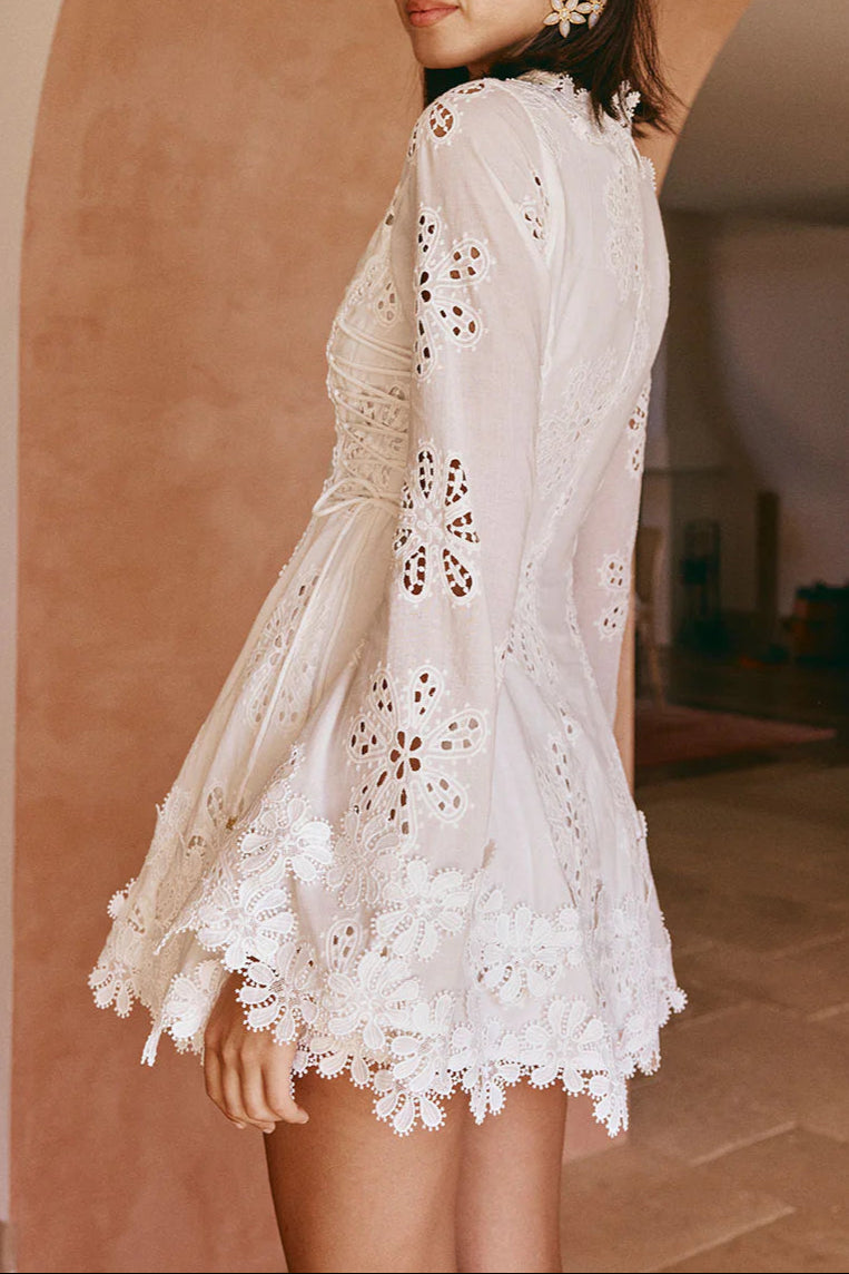 Flower Embroidery Hollow Mini Dress in White