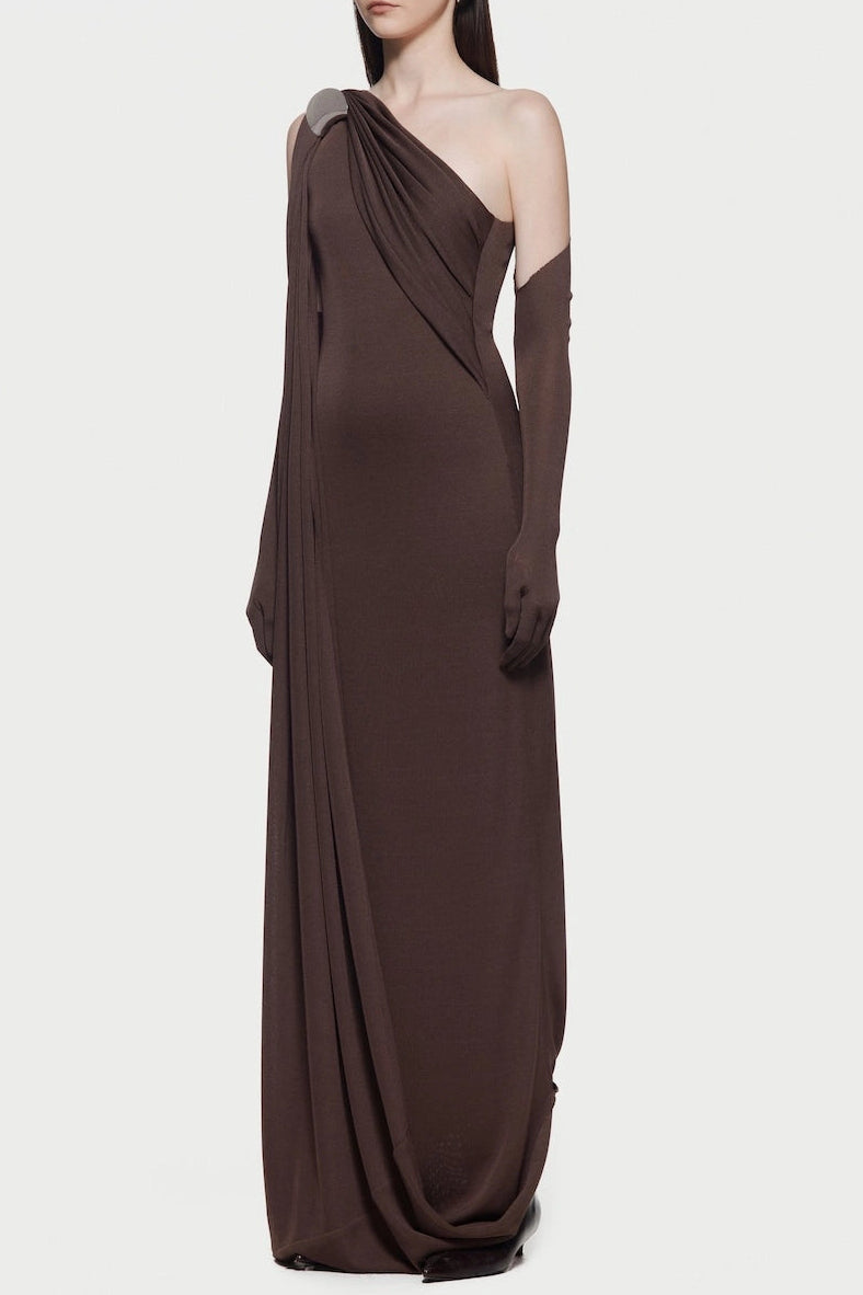 One-Shoulder Backless Maxi Dress in Brown