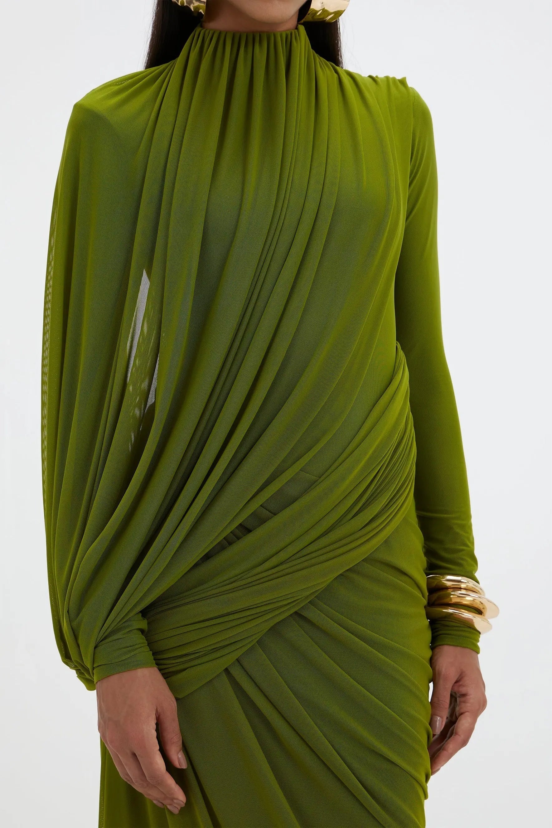 High Neck Drape Ruched Maxi Dress in Green