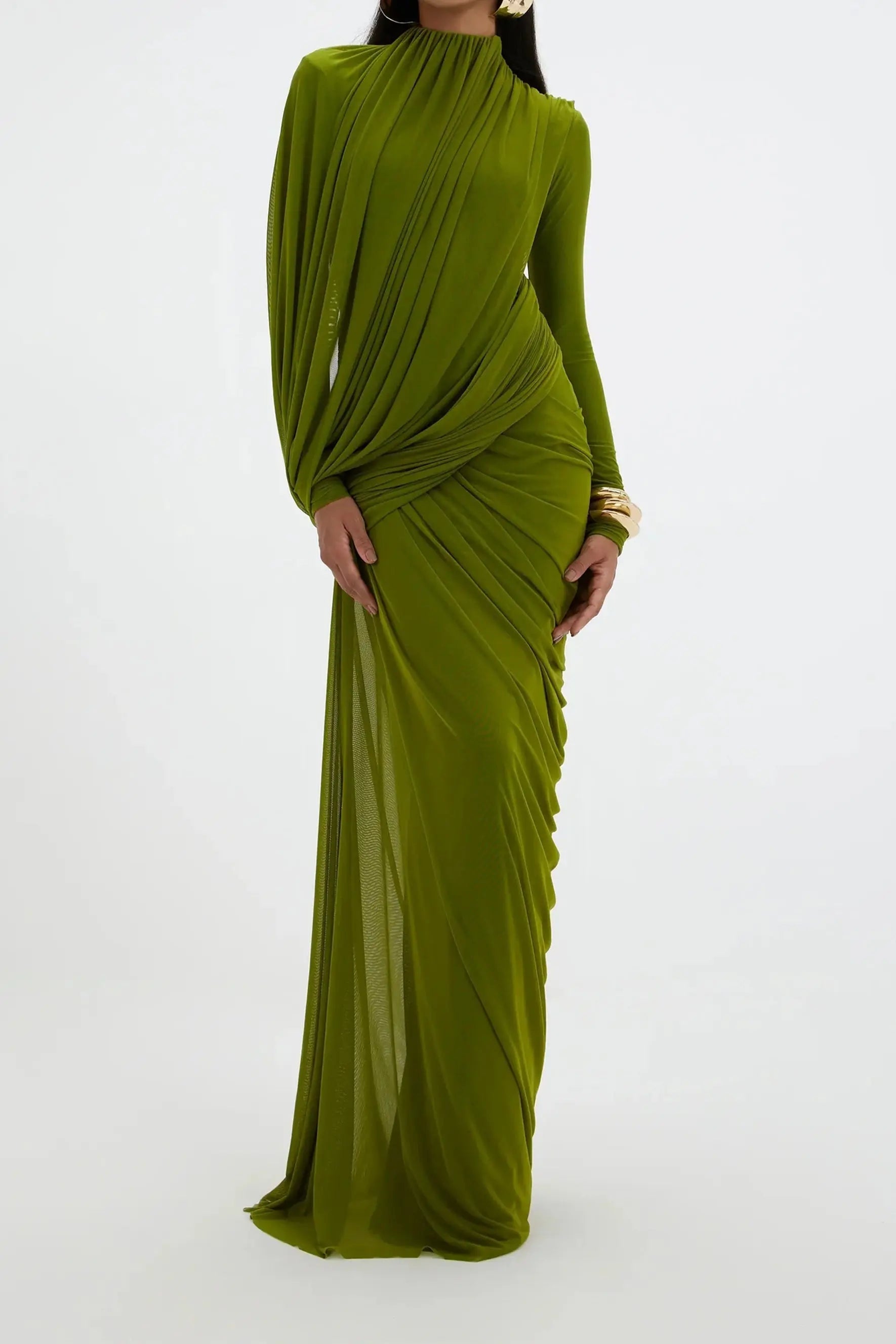 High Neck Drape Ruched Maxi Dress in Green