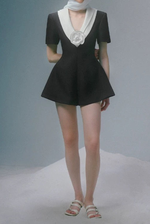 V Neck White 3d Flower Jumpsuit in Black