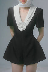V Neck White 3d Flower Jumpsuit in Black