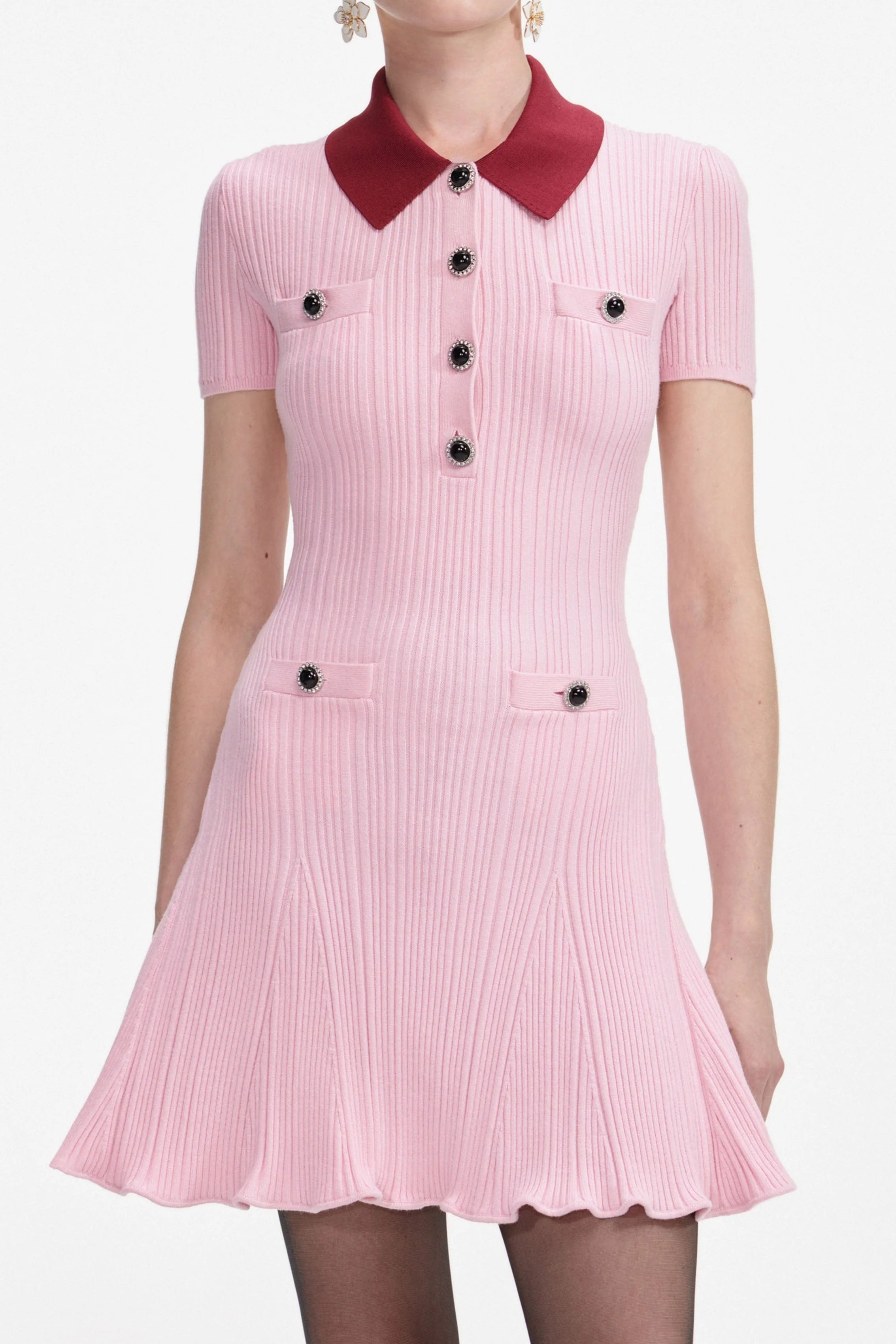 Pink Contrast Collar Knit Mini Dress