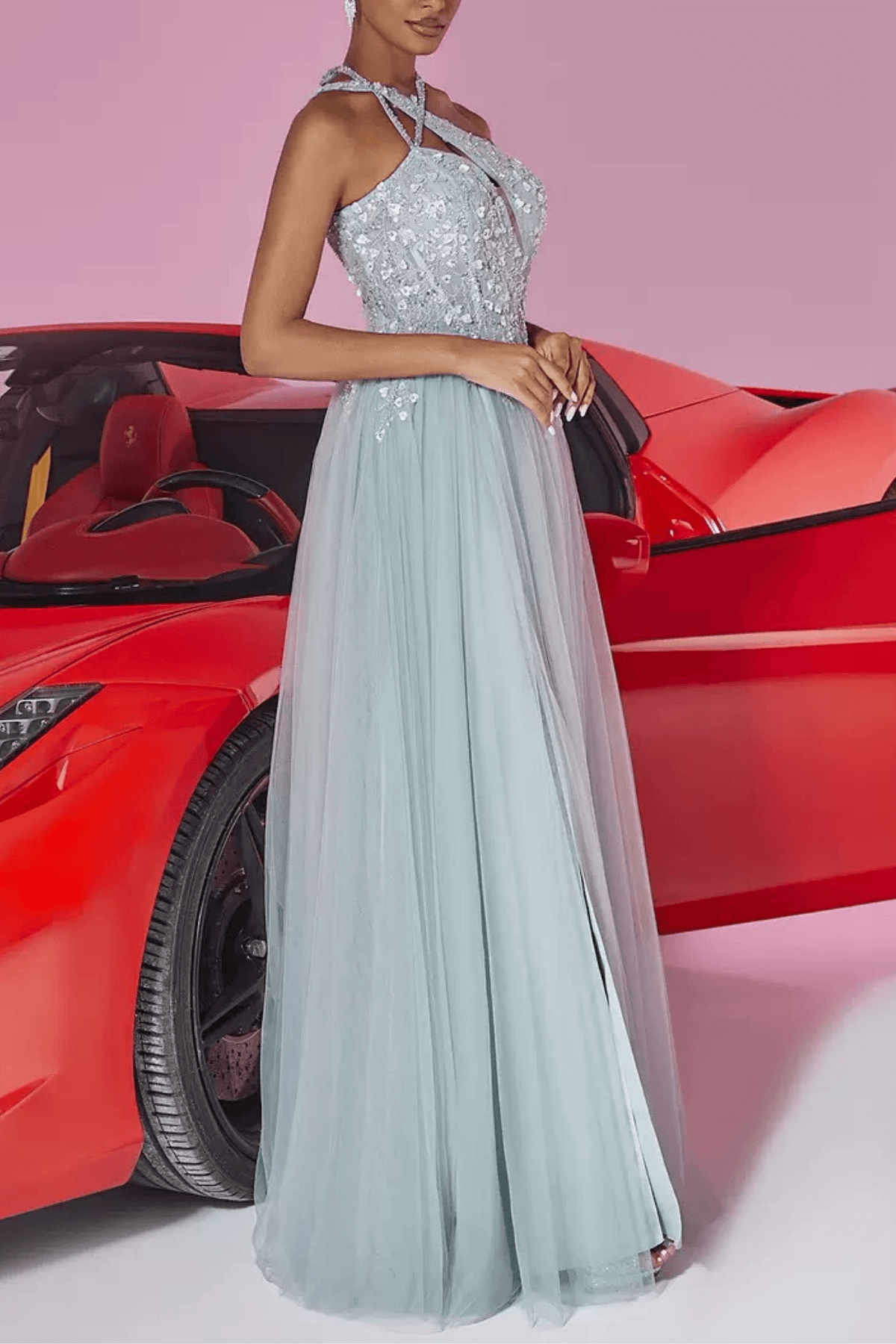 Light Blue Sequin Halter Neck Prom Maxi Dress