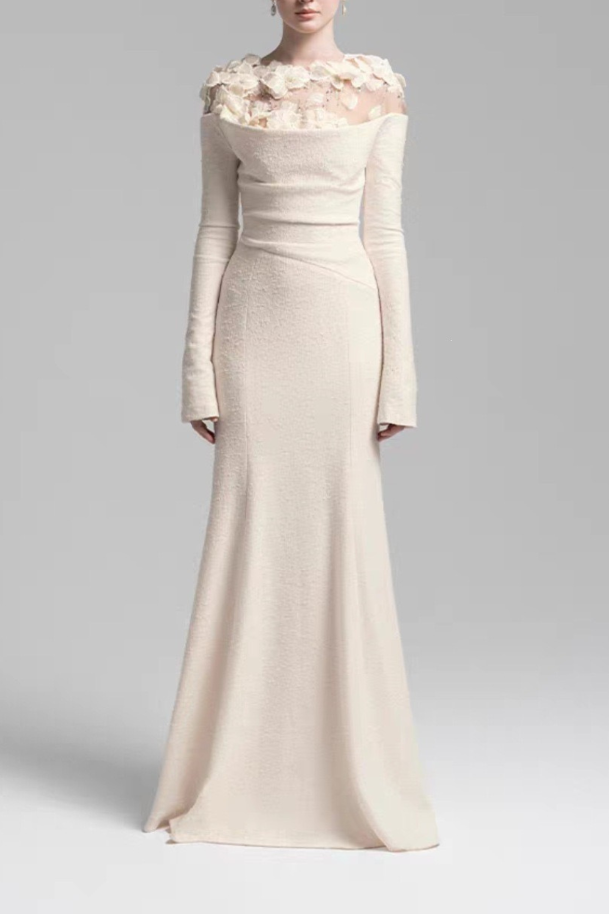 Sequin 3D Floral Sheer Shoulder Long Sleeve White Dress