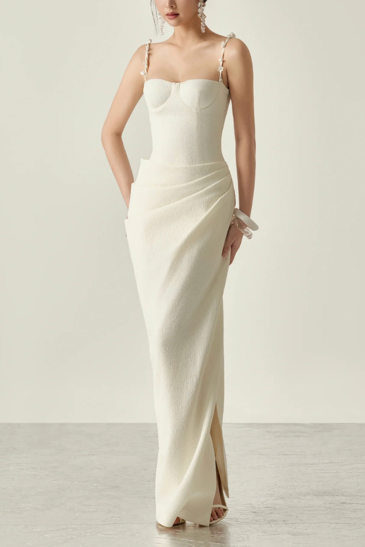 Floral Strap Corset Ruched Maxi Dress