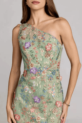 Green Floral One Shoulder Embroidered Maxi Dress
