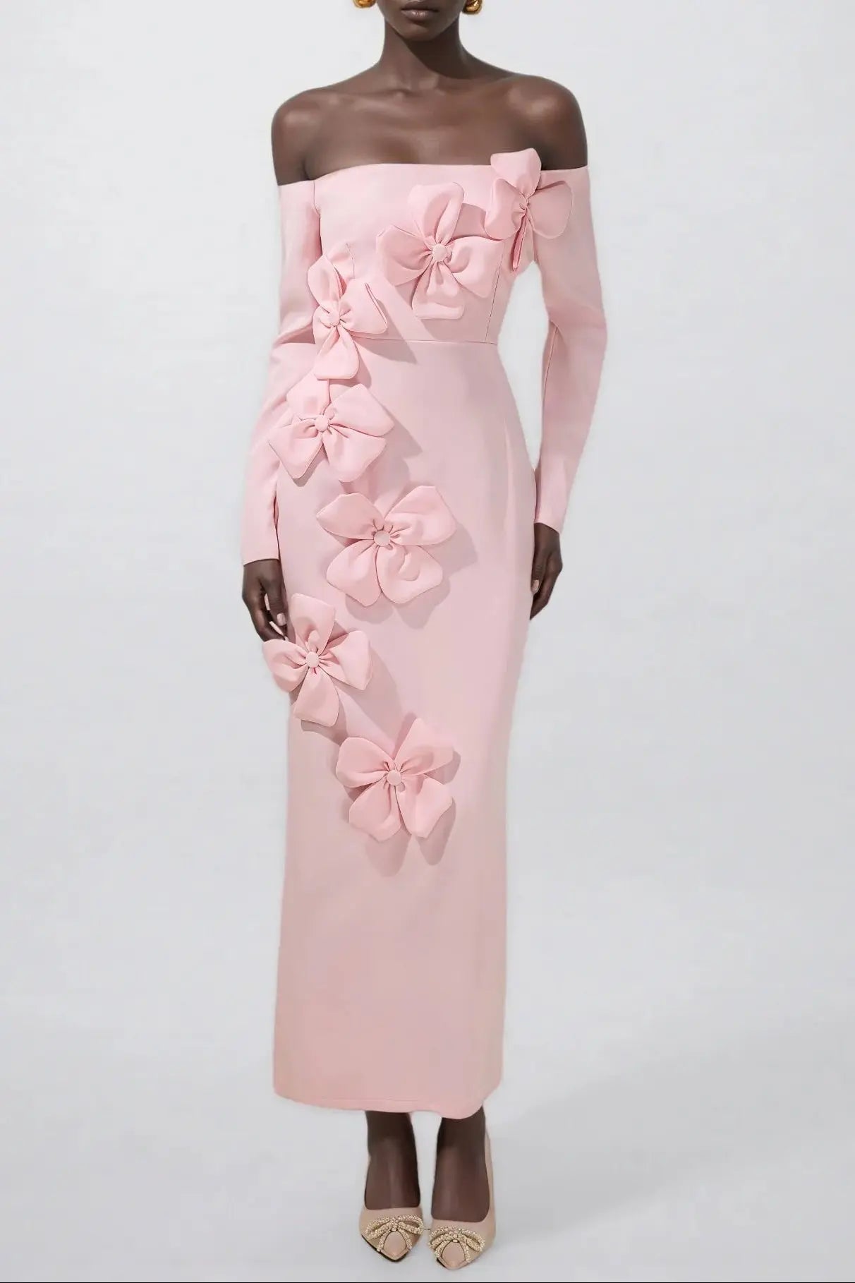 Pink 3D Flower Long Sleeve Midi Dress