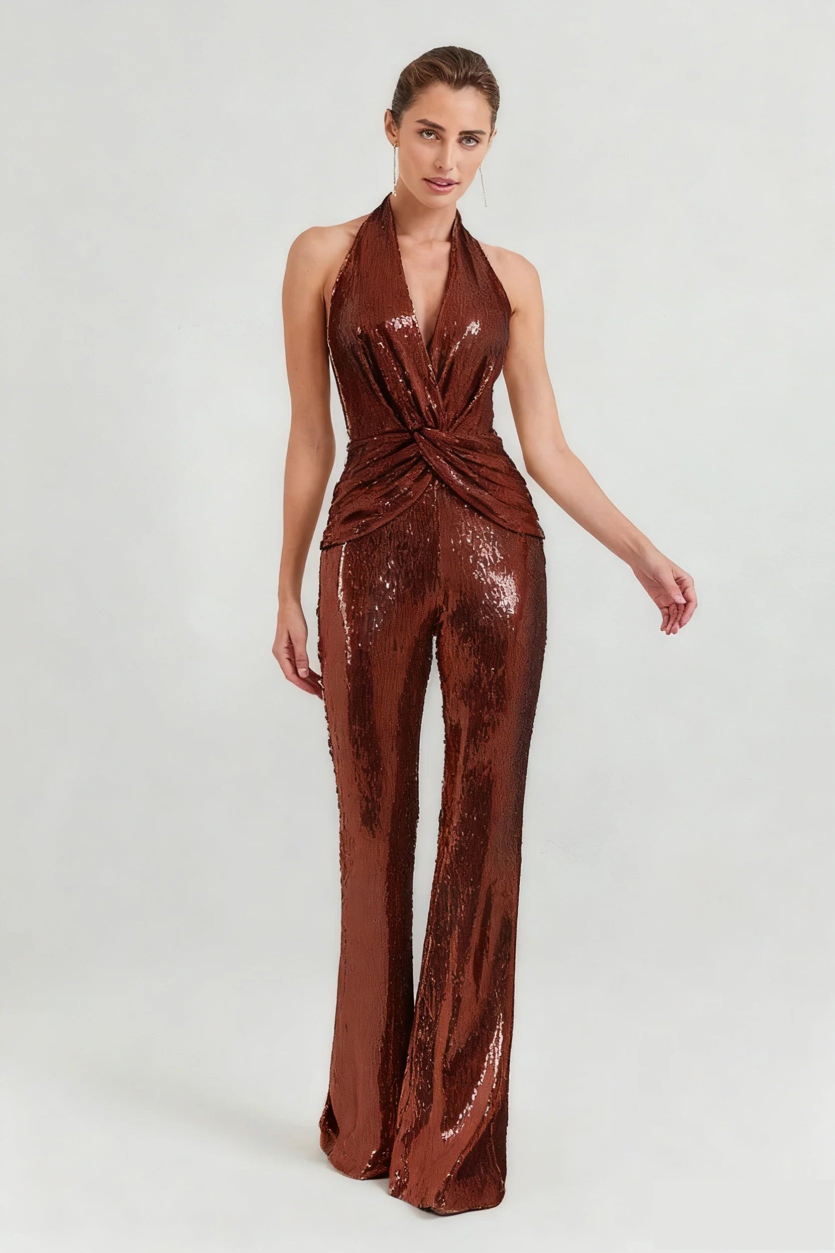Brown Sequin Deep V High Waist Jumpsuit