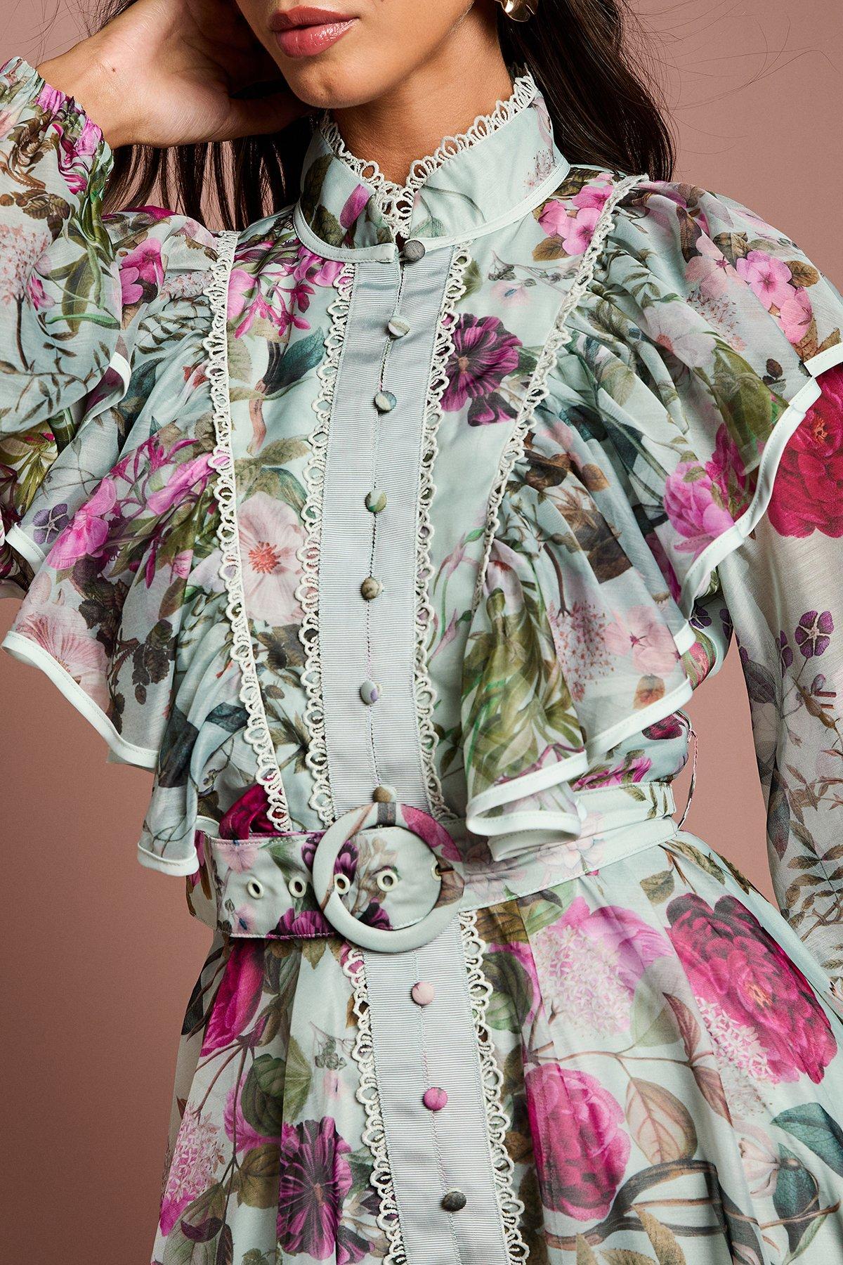 Green Long Sleeve Printed Organza Shirt Midi Dress