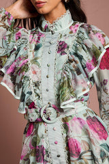 Green Long Sleeve Printed Organza Shirt Midi Dress