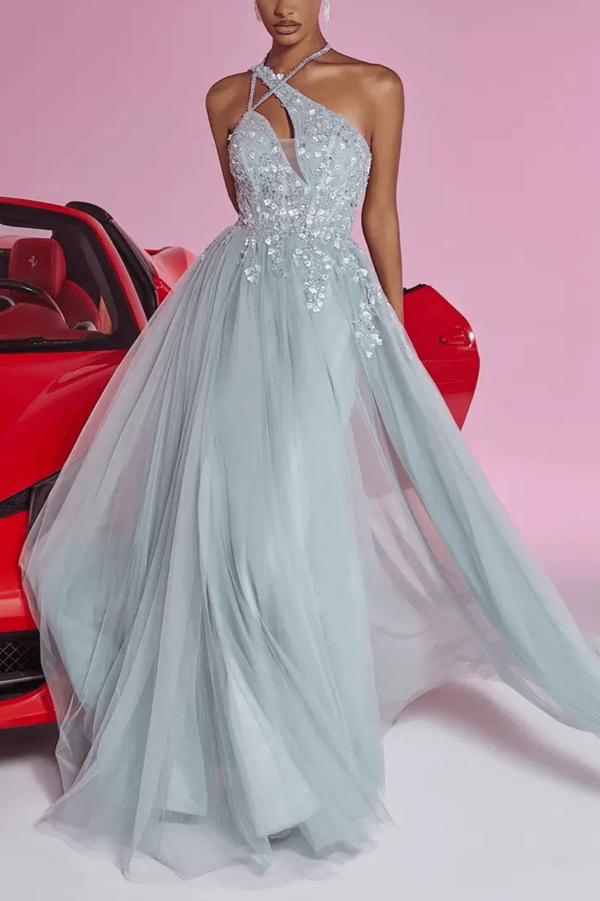 Light Blue Sequin Halter Neck Prom Maxi Dress