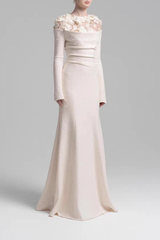 Sequin 3D Floral Sheer Shoulder Long Sleeve White Dress
