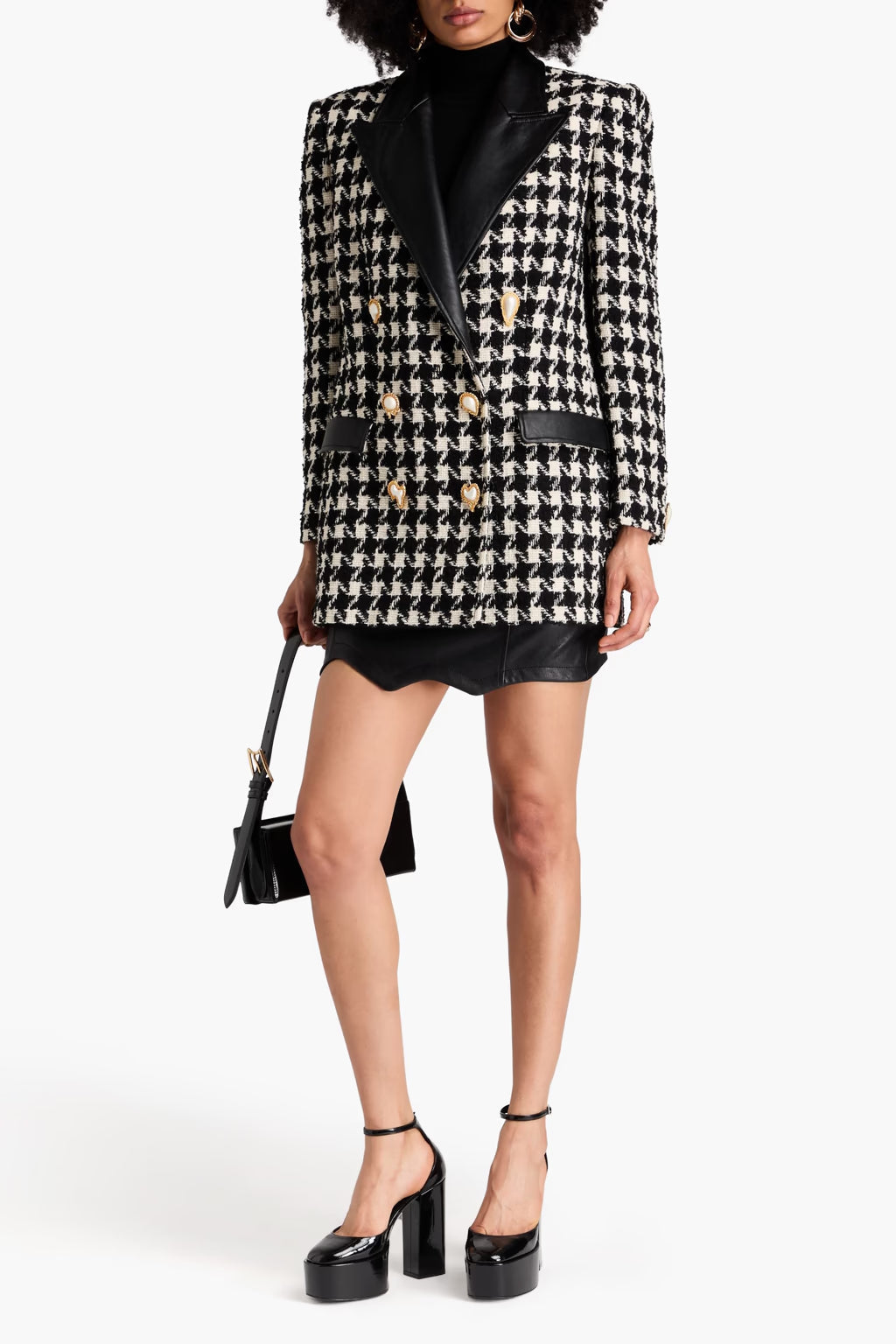 Black Double-Breasted Houndstooth Wool-Blend Blazer